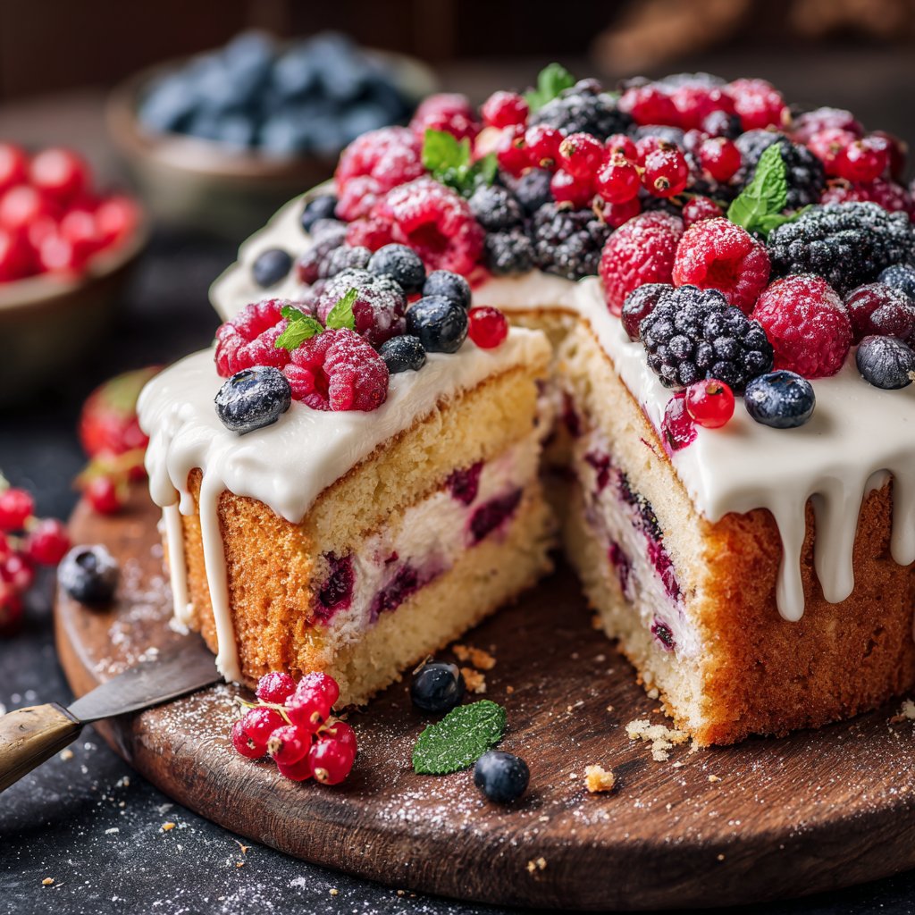 Blechkuchen mit Beeren und Creme