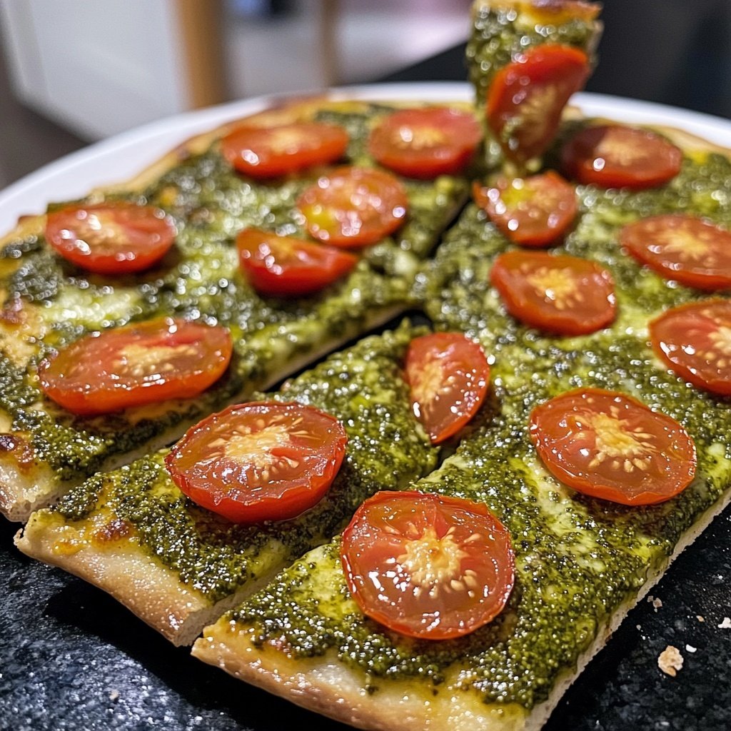 Pizza mit Pesto und Kirschtomaten