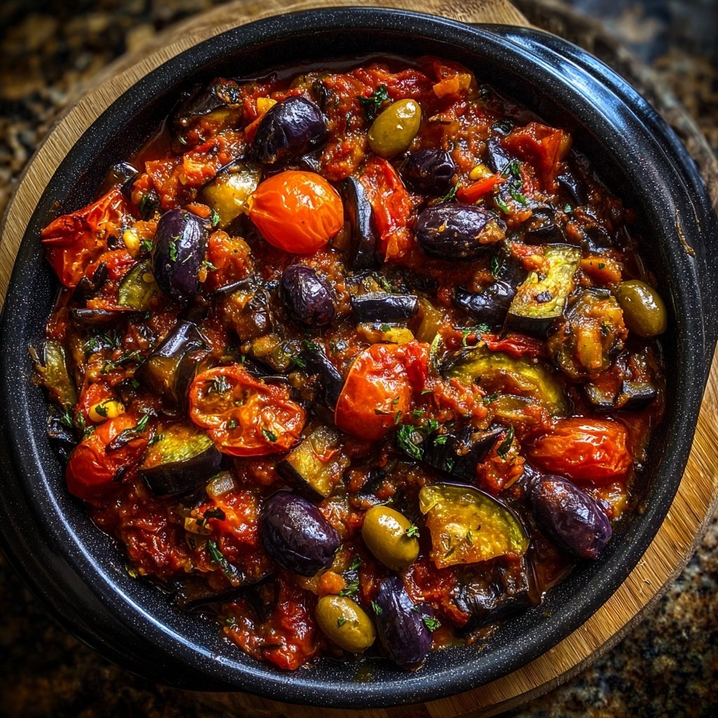 Auberginenpfanne mit Tomaten und Oliven